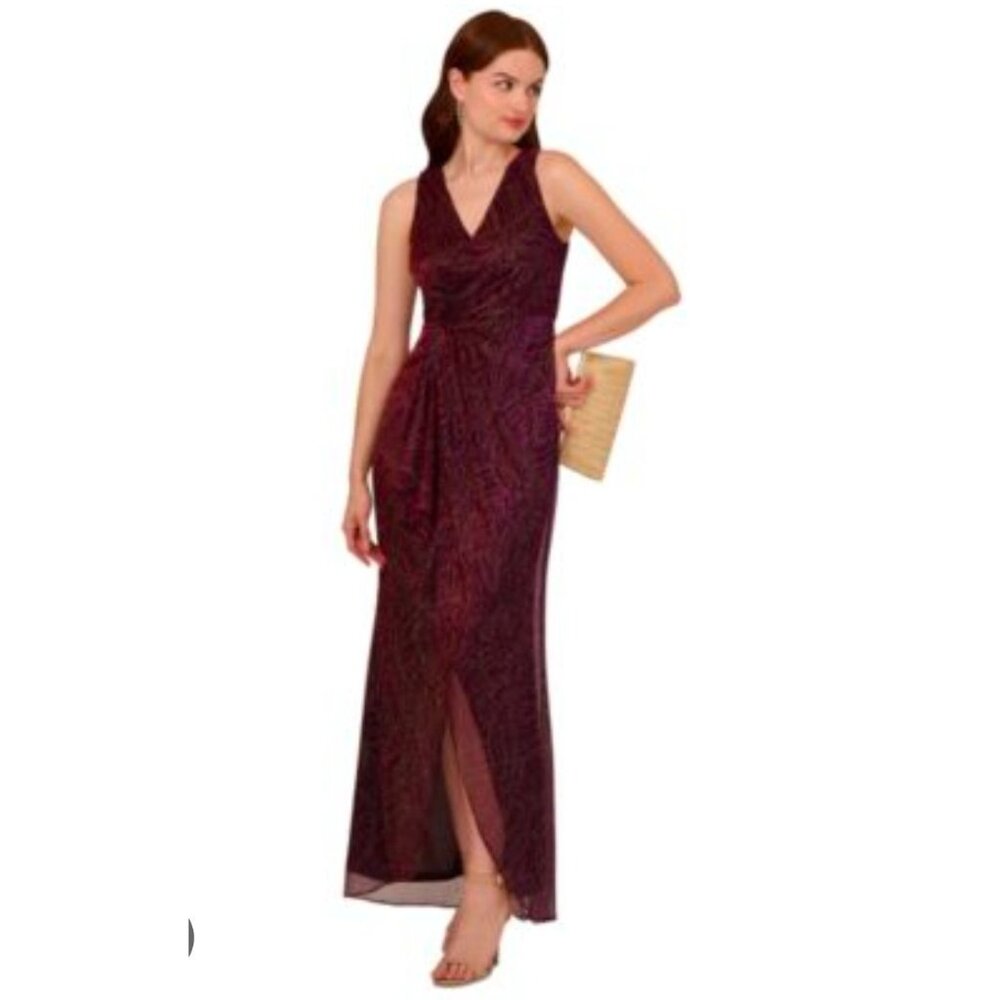 Adrianna Papell Metallic Mesh Cascade Gown Burgundy/Gold Size 6 Evening Dress El